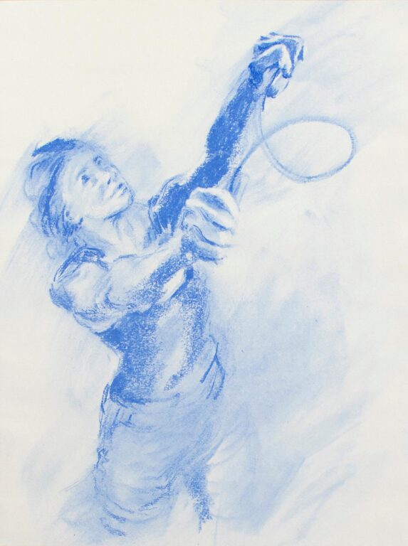 Helene probiert für einen Arbeiter aus dem Gemälde „Die Teufe“ nach Werner Petzold - Ulrike Dornis 