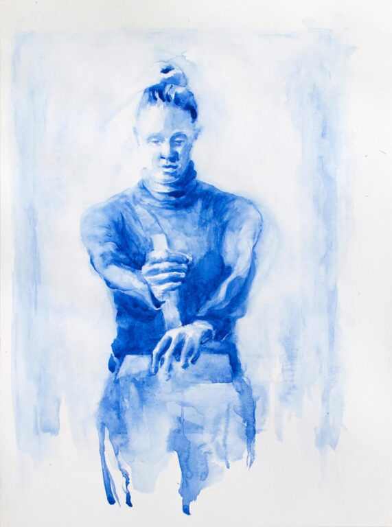 Valerie probiert für „Chemiearbeiter am Schaltpult“ nach Willi Sitte - Ulrike Dornis 