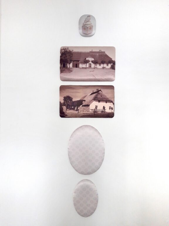 Ornament aus mehren Elementen (Porzellandose 2, Haus 1, Haus 2, Oval rosa groß, Oval rosa klein - Judith Miriam Escherlor 