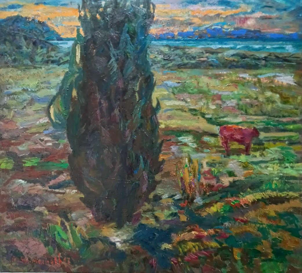 Abendd&auml;mmerung mit Lebensbaum un Kuh - Mads Svendsen-Merbeth 