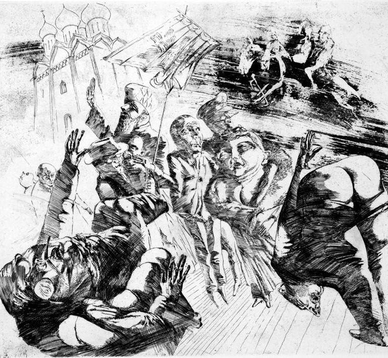 Verwirrte Gesellschaft beim Erscheinen der apokalyptischen Reiter - Winfried Wolk 