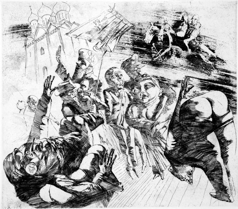 Verwirrte Gesellschaft beim Erscheinen der apokalyptischen Reiter - Winfried Wolk 