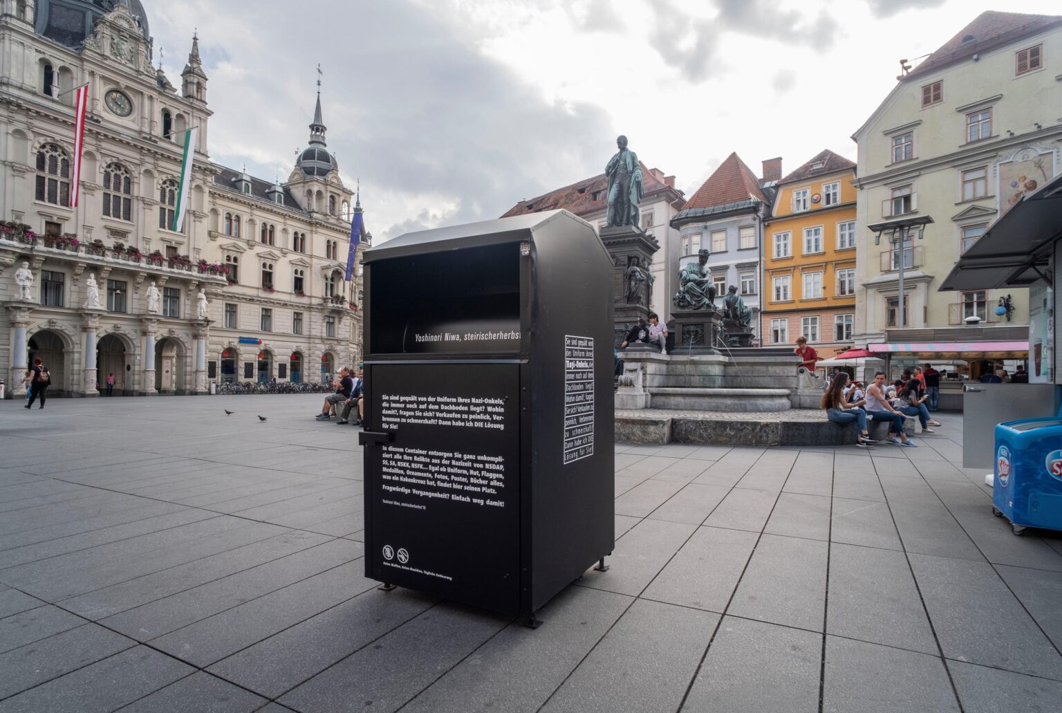 Withdrawing Adolf Hitler from a Private Space - YOSHINORI NIWA Photo: Mathias V&ouml;lzke courtesy of steirischer herbst, Photo: Mathias V&ouml;lzke courtesy of steirischer herbst, Commissioned and produced by steirischerherbst&rsquo;18
Installation view &bdquo;steirischerherbst&rsquo;18&ldquo; at Hauptplatz, Graz, Austria, 2018
Photo: Mathias V&ouml;lzke courtesy of steirischer herbst