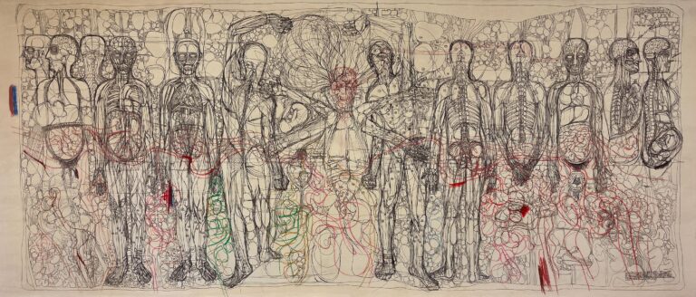 Hermann Nitsch | Die Architektur des Orgien Mysterien Theaters - HERMANN NITSCH Siebdruck mit Farbe nach einer Zeichnung von 1976–79 auf Originalrelikt (mit Ölkreide überzeichnet) | 155 x 386 cm | Vorderseite signiert: „handüberzeichnet Nitsch 1989"