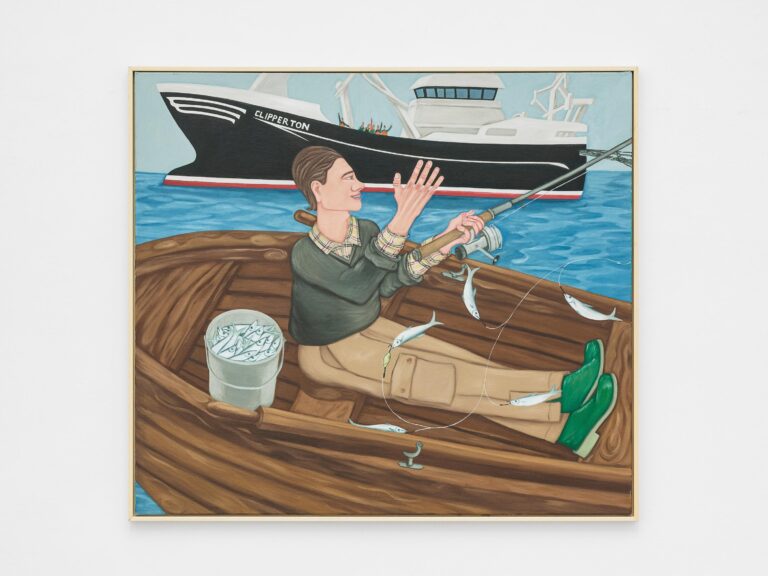Clipperton - AXEL JONSSON Photos © Galerie Elisabeth & Klaus Thoman / kunst-dokumentation.com, Axel Jonsson, Clipperton, oil on canvas, Malerei, Mann bzw Fischer sitzt in Booth, dahinter ein Schiff mit der Aufschrift "Clipperton", zu sehen in der Galerie Elisabeth und Klaus Thoman