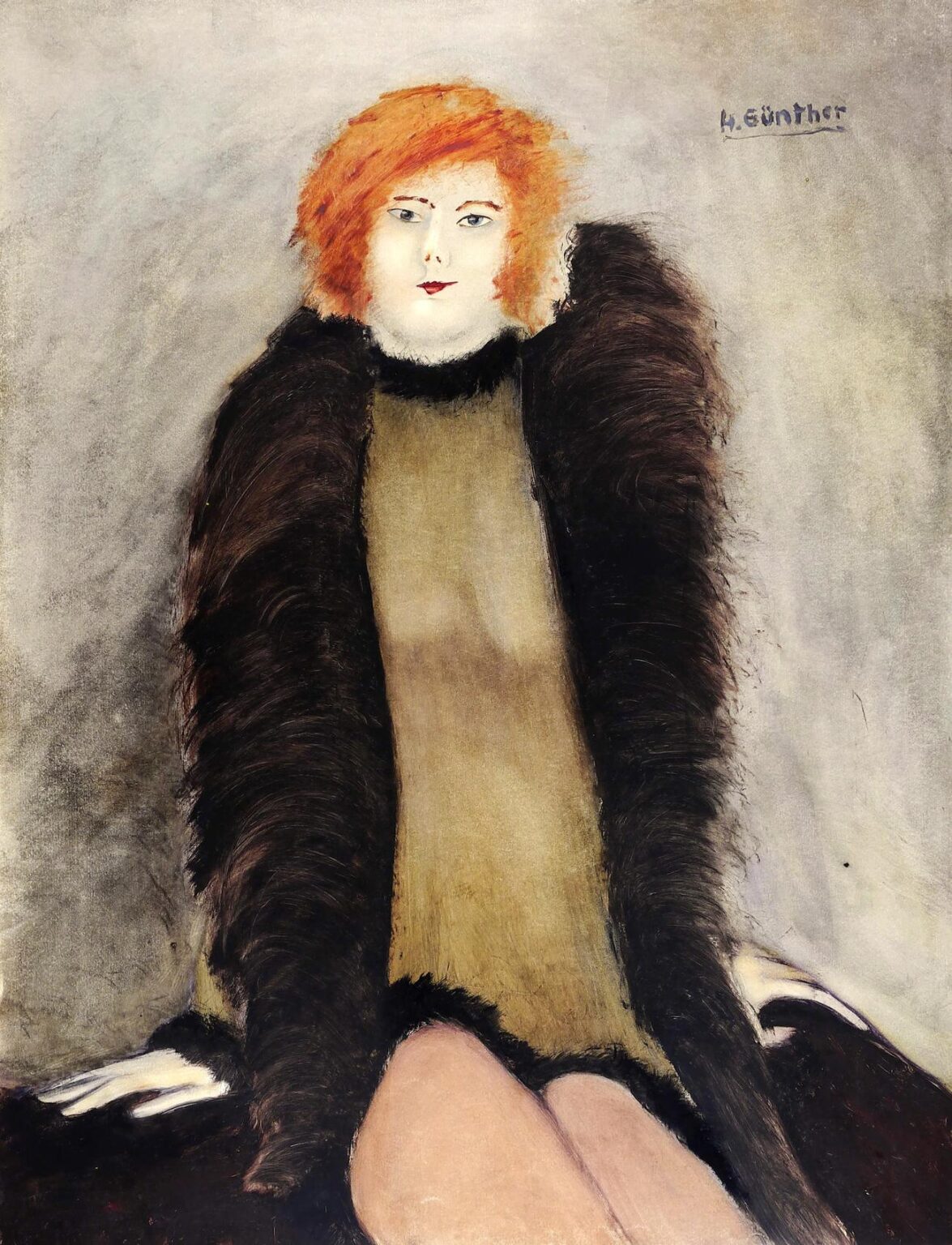 Junge Dame mit Pelz und kurzem Kleid - Herta G&uuml;nther 