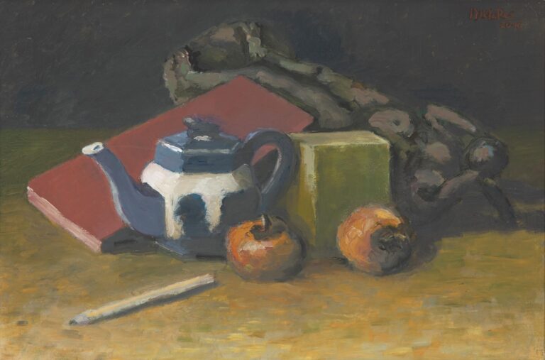 Äpfel, englische Teekanne, Figur und Pinselkasten - Harald Metzkes 
