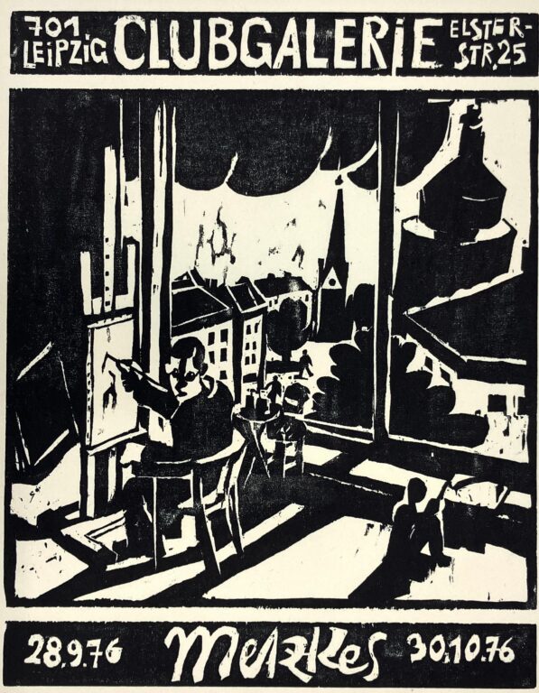 Der Künstler in seinem Atelier mit Blick auf die Immanuelkirche und den Wasserturm (Plakat zur Metzkes Ausstellung, Klub der Intelligenz „Leibnitz“ in Leipzig, 1976) - Harald Metzkes 