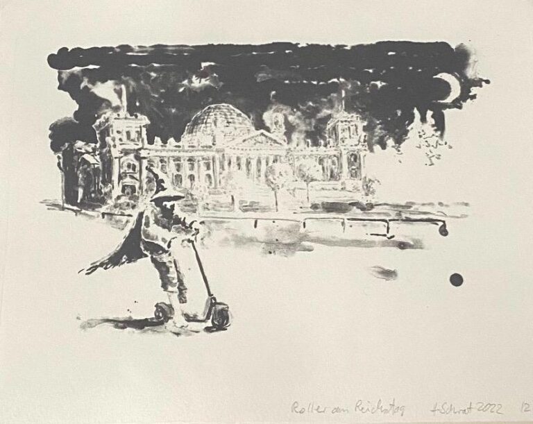 Zwerg auf Elektroroller vor dem Reichstag - Henrik Schrat 