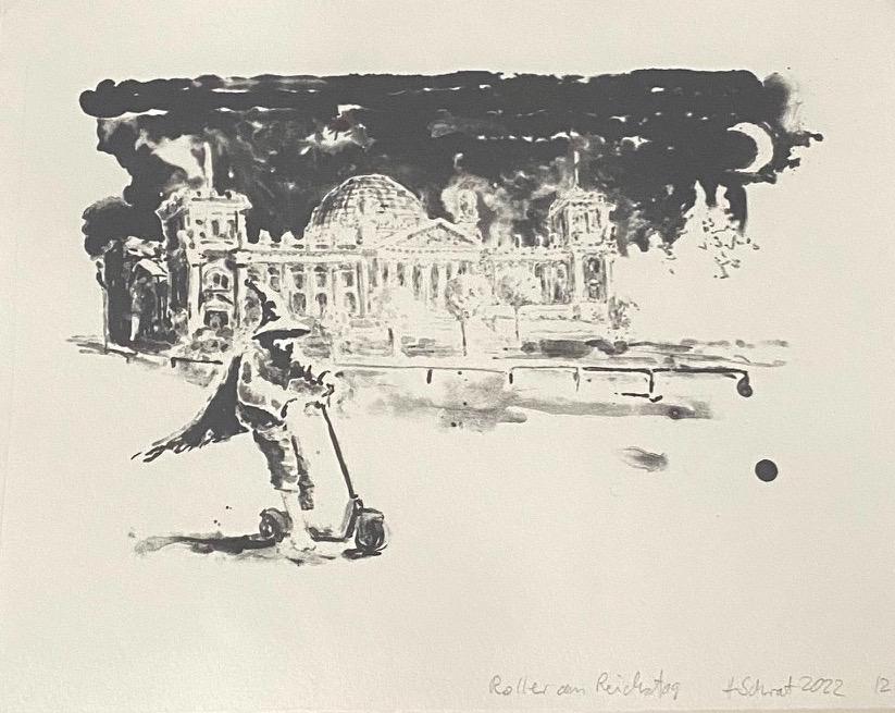 Zwerg auf Elektroroller vor dem Reichstag - Henrik Schrat 