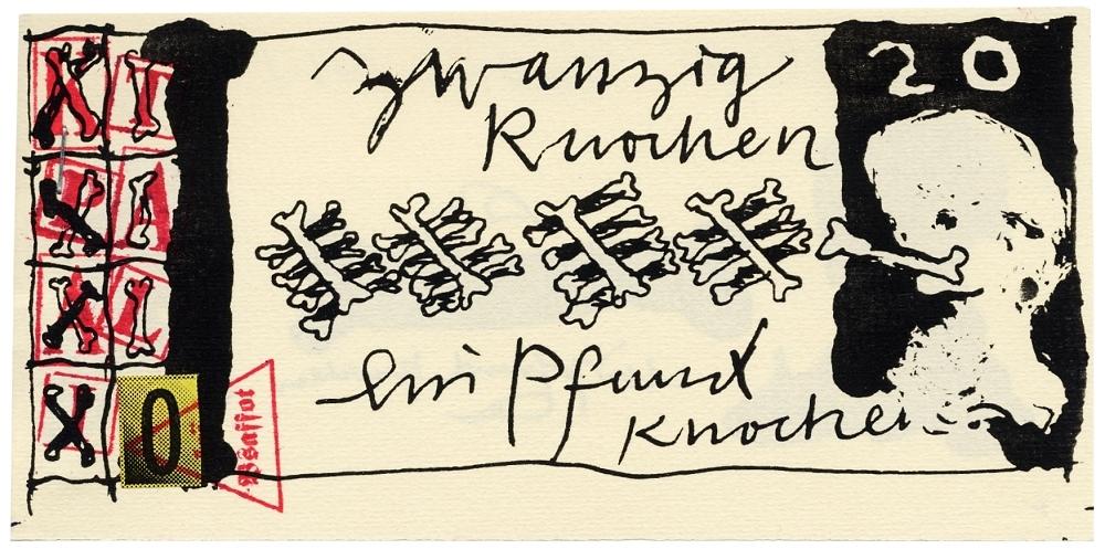 Knochengeld (Schein aus dem Musterbuch, herausgegeben 1993 von Io&euml; Bsaffot) - Carsten Nicolai &copy; courtesy Galerie EIGEN + ART Leipzig/Berlin / VG Bild-Kunst Bonn, 2021, Hermann B&uuml;chner