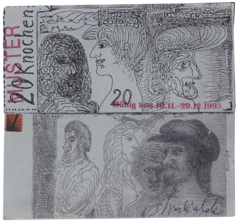 Knochengeld (Schein aus dem Musterbuch, herausgegeben 1993 von Io&euml; Bsaffot) - Strawalde &copy; VG Bild-Kunst, Bonn 2021, Hermann B&uuml;chner