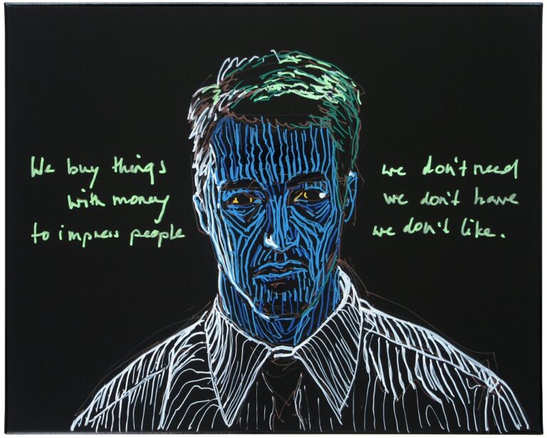Von der Kunst, mit Geld umzugehen – Ausstellung in der Berliner Effektenbank Katharina Arndt: Tyler, 2016, Lackstift und Acryl auf Lackfolie, 40 × 50 cm