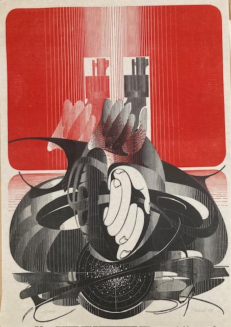 „Kompositionen in Rot“ 1969. Original-Holzschnitt. 1969. Signiert und nummeriert.  Auflage 100