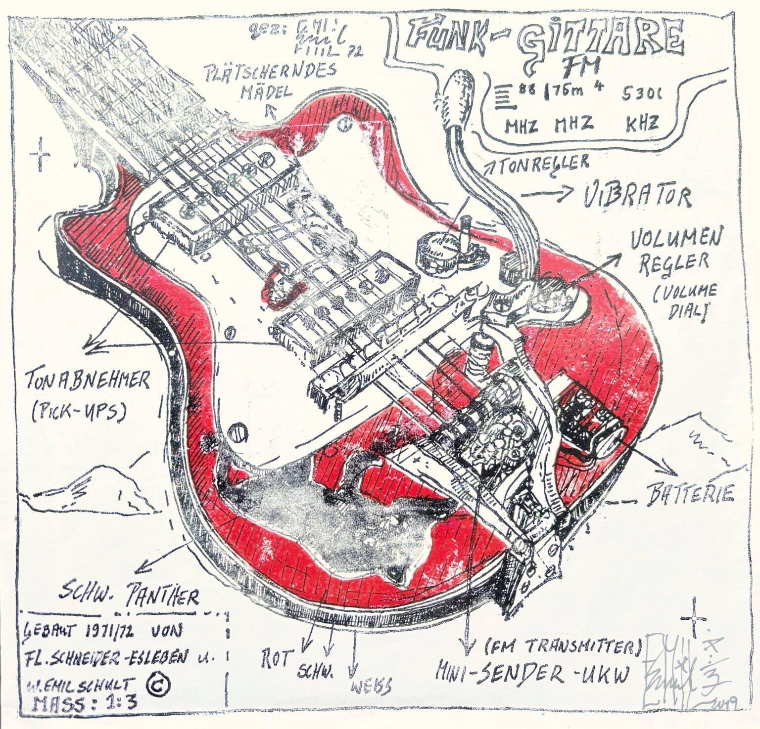 &bdquo;Funk Gittare, 1972. Gebaut 1971/72 von Fl. Schneider Esleben und  Emil Schult. - Emil Schult 