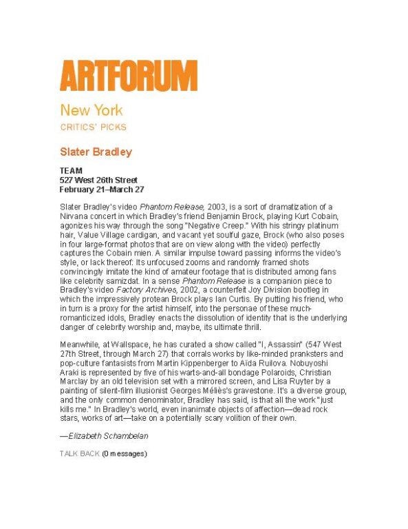 ARTFORUM — Slater Bradley by Elizabeth Schambelan 