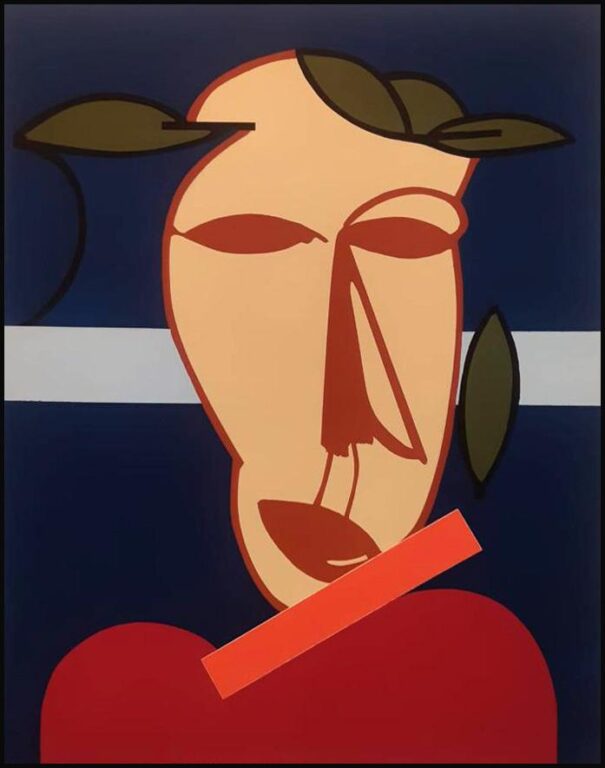 Frau mit orangener Maske - Hans Scheuerecker 