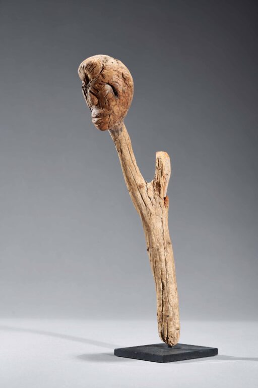 Carved head on forked branch 