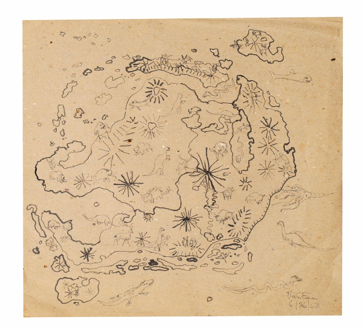 ohne Titel (Insel mit Tieren s/w) - Warren A. Van Ess 