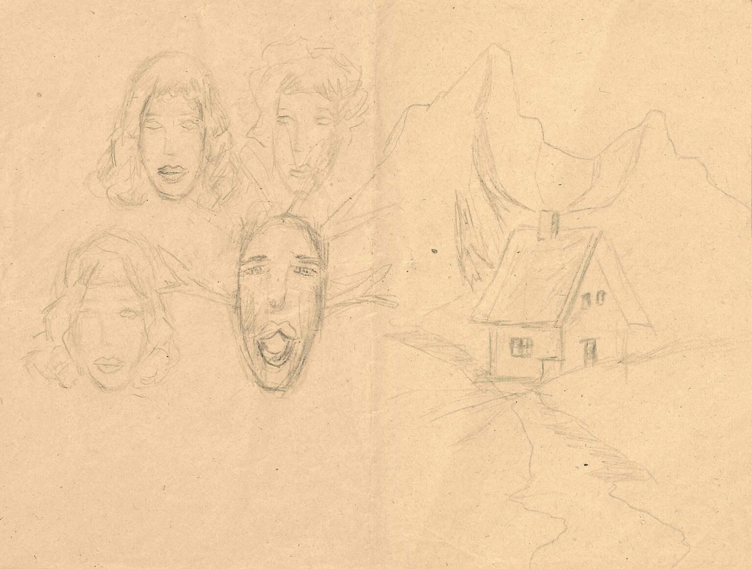 untitled (recto: faces with cottage / verso: man without arms) - Aurel Iselst&ouml;ger 