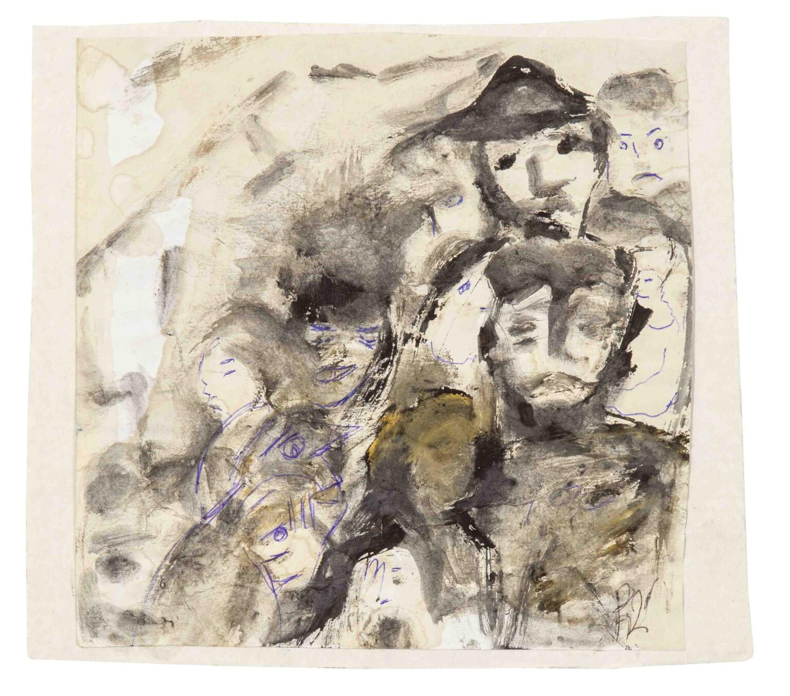 ohne Titel (schwarz weiss Gesichter mit blauen Akzenten) - Elene Chantladze 