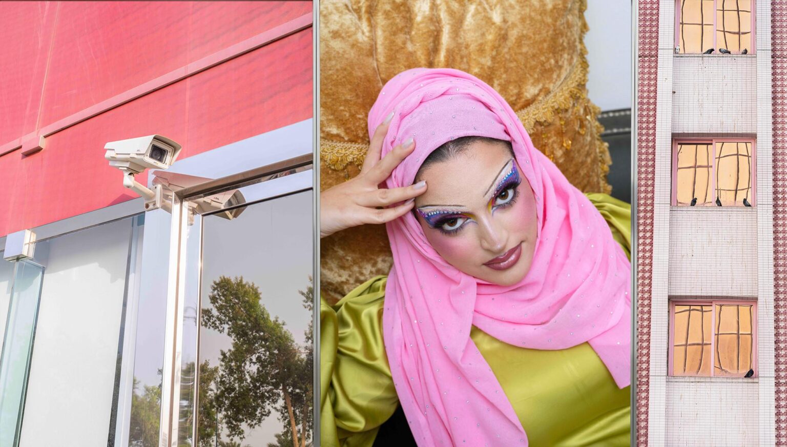 Security Camera, Yara, Pigeons on Pink Building - Farah Al Qasimi 