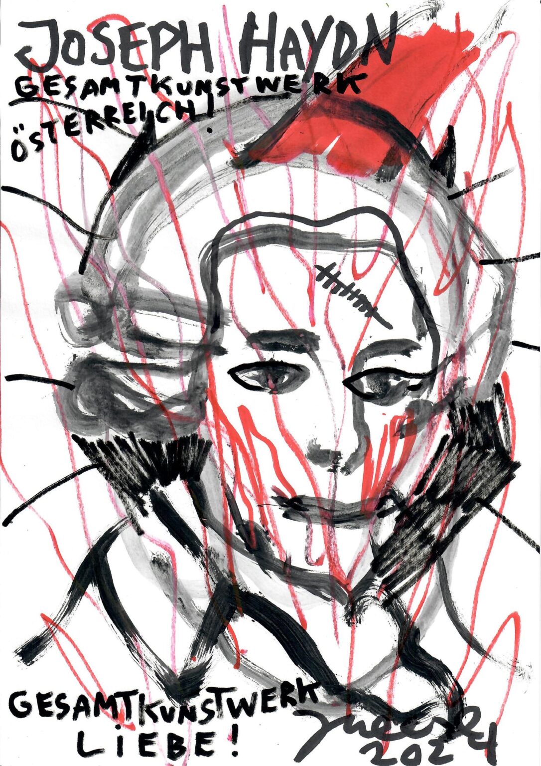 &ldquo;GESAMTKUNSTWERKERZMUSIKUSS &ldquo;CLOCKWORK DE LARGE&rdquo;! (NUR LIEBE MUSIZIERT ZUKUNFT)&rdquo; &ndash; Serie-22-, 2024 - Jonathan Meese 