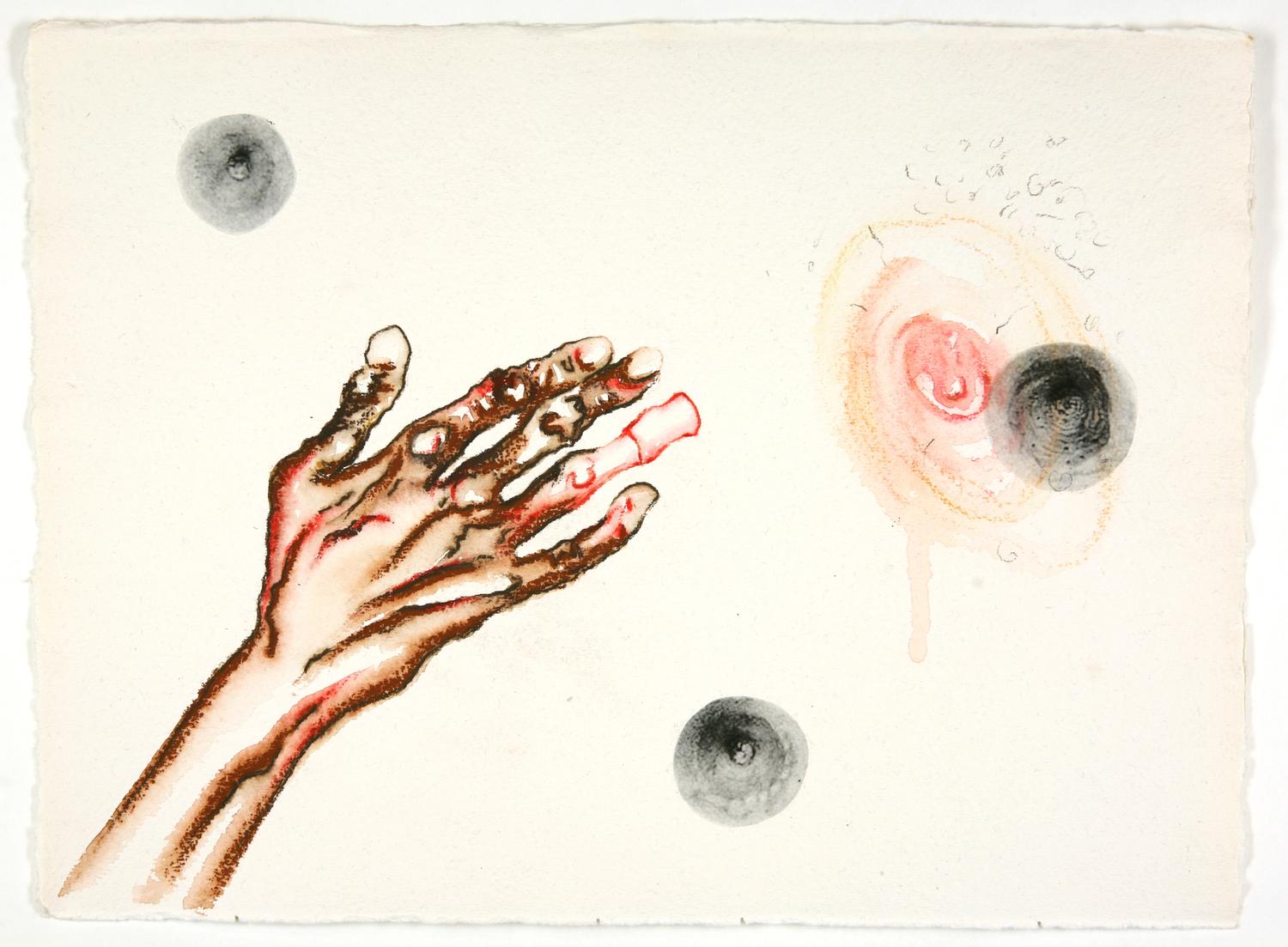 On your hand &ndash; I place my hand &ndash; barely. In our hands &ndash; nothing. g - Mithu Sen 
