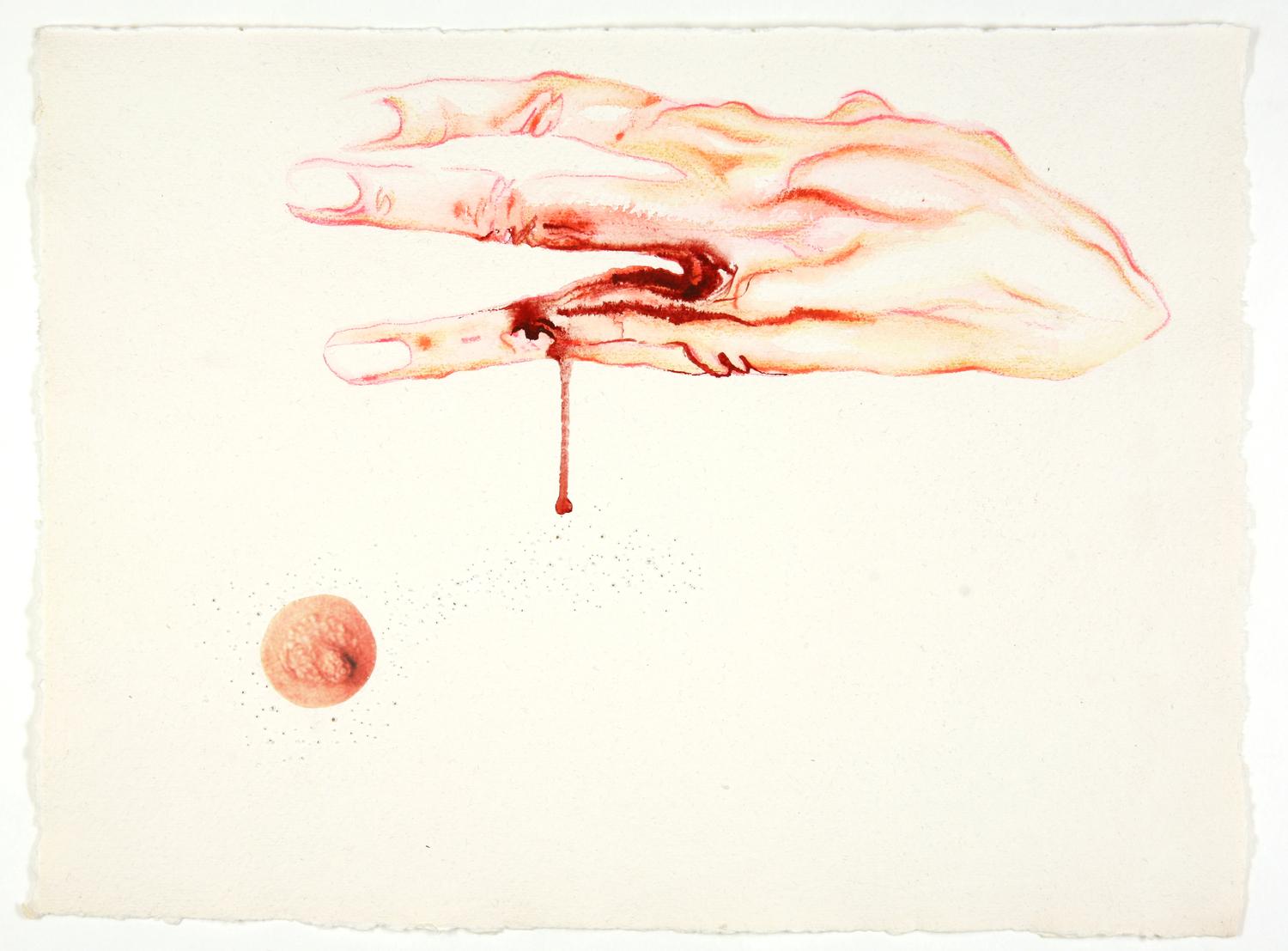 On your hand &ndash; I place my hand &ndash; barely. In our hands &ndash; nothing. h - Mithu Sen 