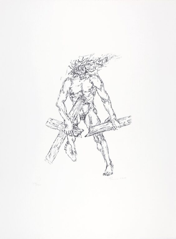 Christus zerbricht das Kreuz (frei nach Otto Pankok) (Blatt 4 der Mappe „Der Gekreuzigte“) - Fritz Cremer 