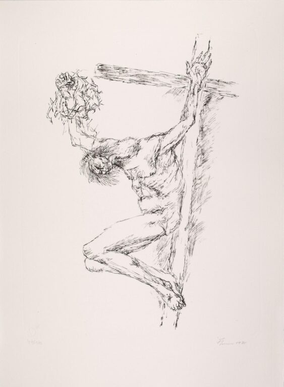 Variation zum Gekreuzigten, sich die Dornenkrone herunterreißend (Blatt 5 der Mappe „Der Gekreuzigte“) - Fritz Cremer 