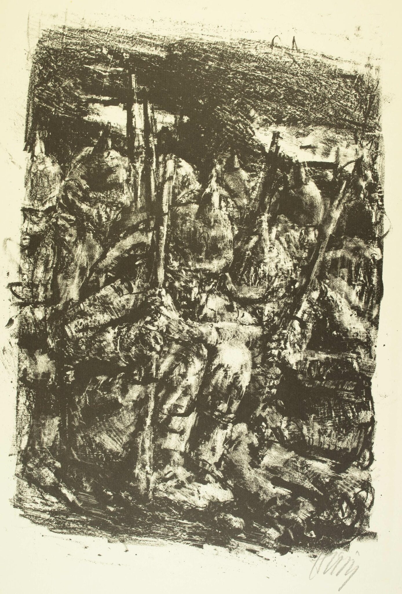 Zusammengekauerte Infantristen (Blatt 9 des Zyklus zu dem Roman „Krieg“ von Ludwig Renn) - Bernhard Heisig 