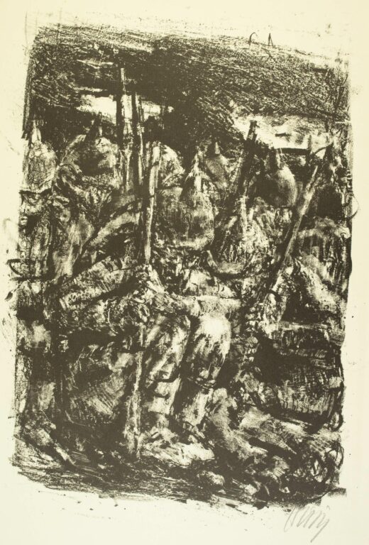 Zusammengekauerte Infantristen (Blatt 9 des Zyklus zu dem Roman „Krieg“ von Ludwig Renn) - Bernhard Heisig 