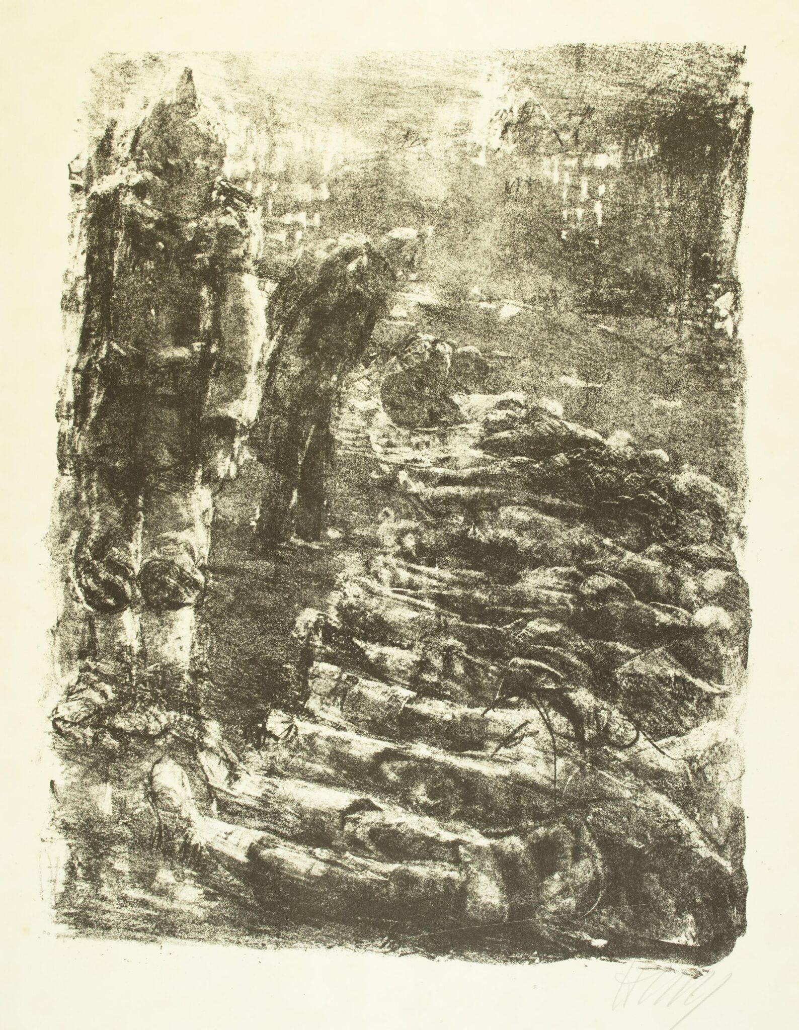 Gefallene vor brennender Stadt (Blatt 3 des Zyklus zu dem Roman „Krieg“ von Ludwig Renn) - Bernhard Heisig 