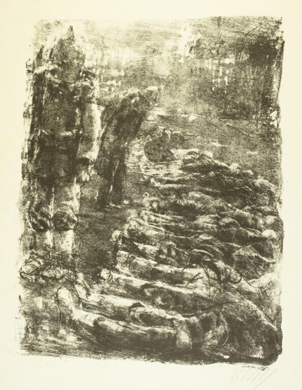 Gefallene vor brennender Stadt (Blatt 3 des Zyklus zu dem Roman „Krieg“ von Ludwig Renn) - Bernhard Heisig 