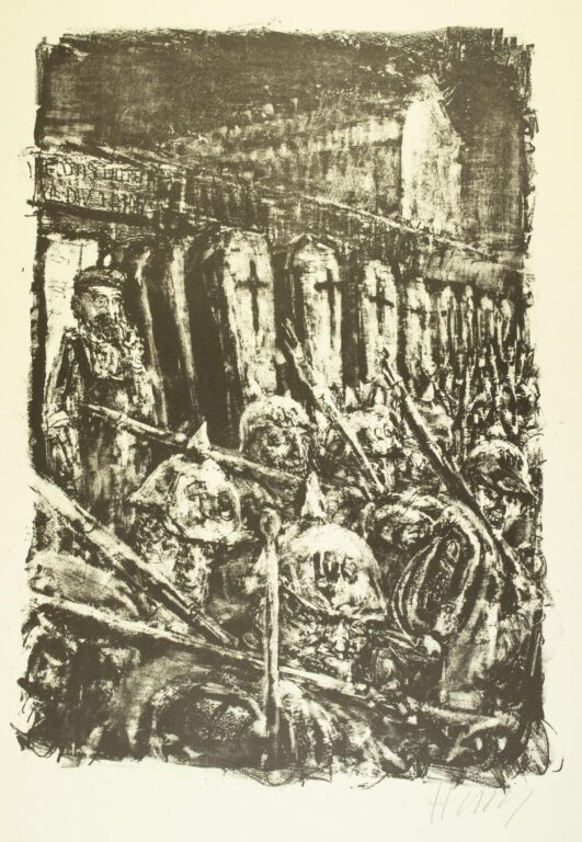 Särge und Rekruten (Blatt 19 des Zyklus zu dem Roman „Krieg“ von Ludwig Renn) - Bernhard Heisig 