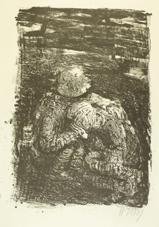 Zwei kauernde Soldaten (Blatt 17 des Zyklus zu dem Roman „Krieg“ von Ludwig Renn) - Bernhard Heisig 