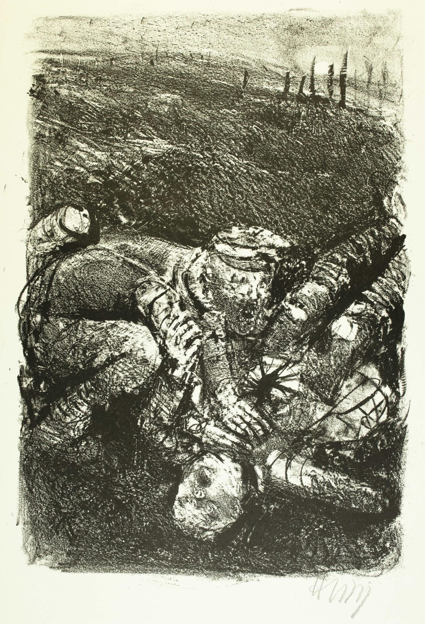 Sanitäter bei Verwundeten (Blatt 23 des Zyklus zu dem Roman „Krieg“ von Ludwig Renn) - Bernhard Heisig 