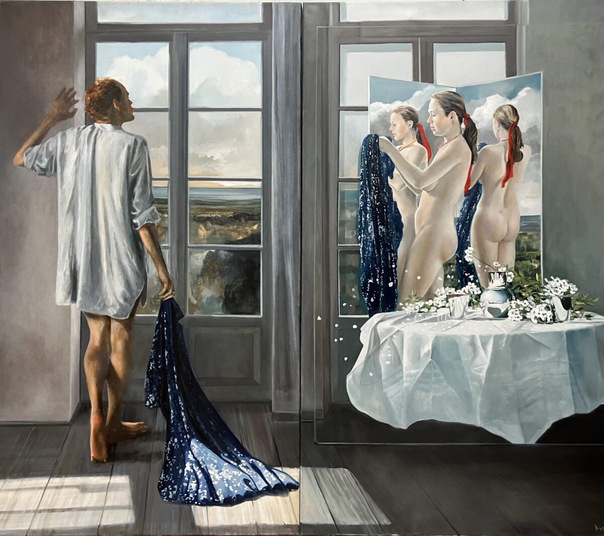 WV-Nr. 1323: Aphrodite Selbdritt, Spiegel und Fenster (Bilderzyklus Spiegelungen) + Nr. 1106 Morgen, Florian am Fenster - Henning von Gierke 