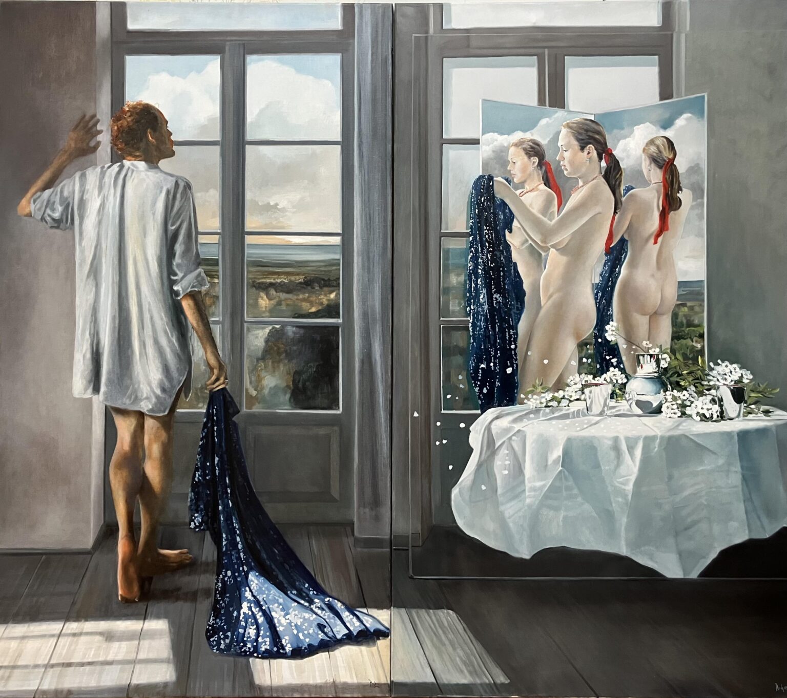 WV-Nr. 1323: Aphrodite Selbdritt, Spiegel und Fenster (Bilderzyklus Spiegelungen) + Nr. 1106 Morgen, Florian am Fenster - Henning von Gierke 