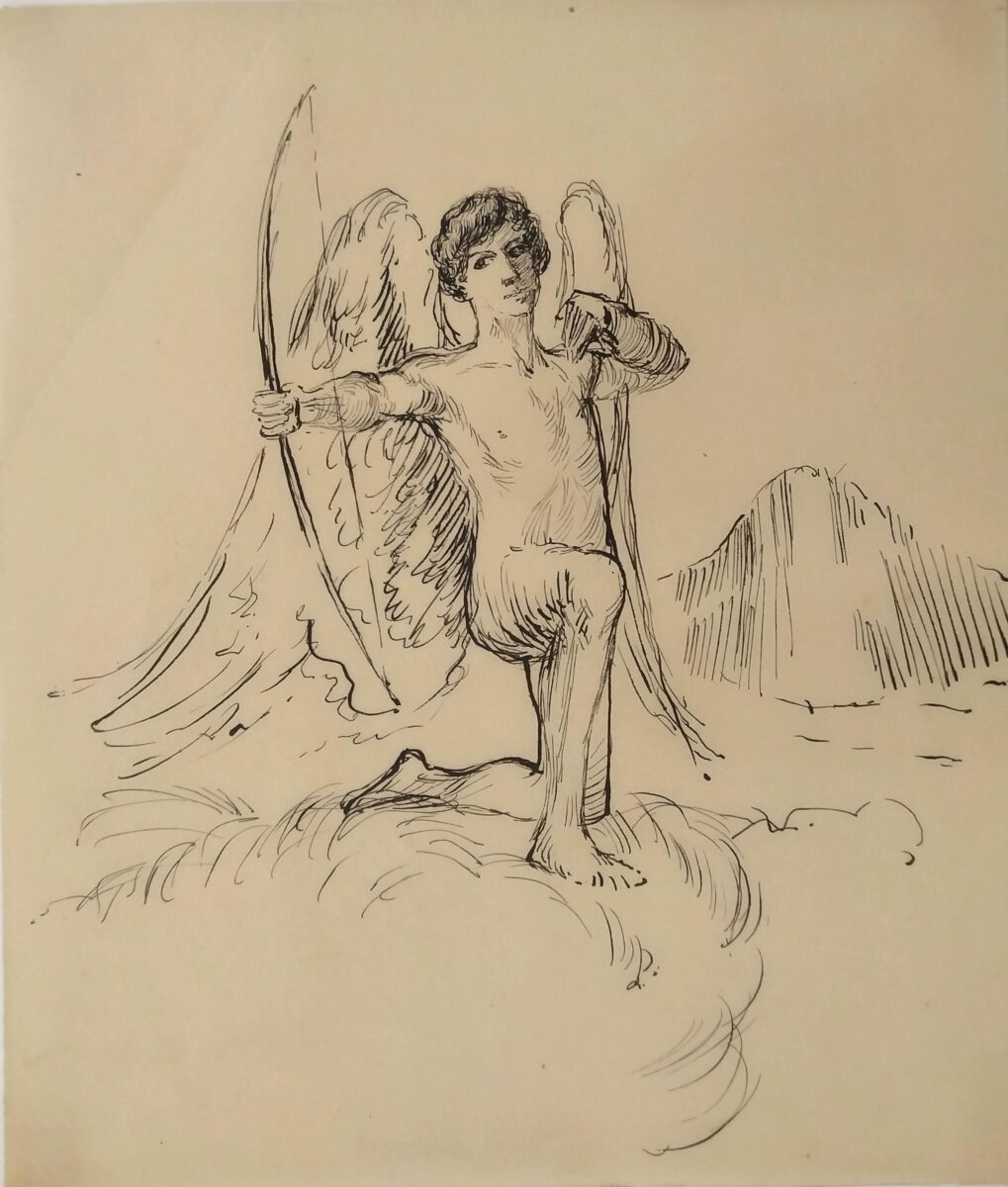 Amor als Bogenschütze, auf Wolken kniend 