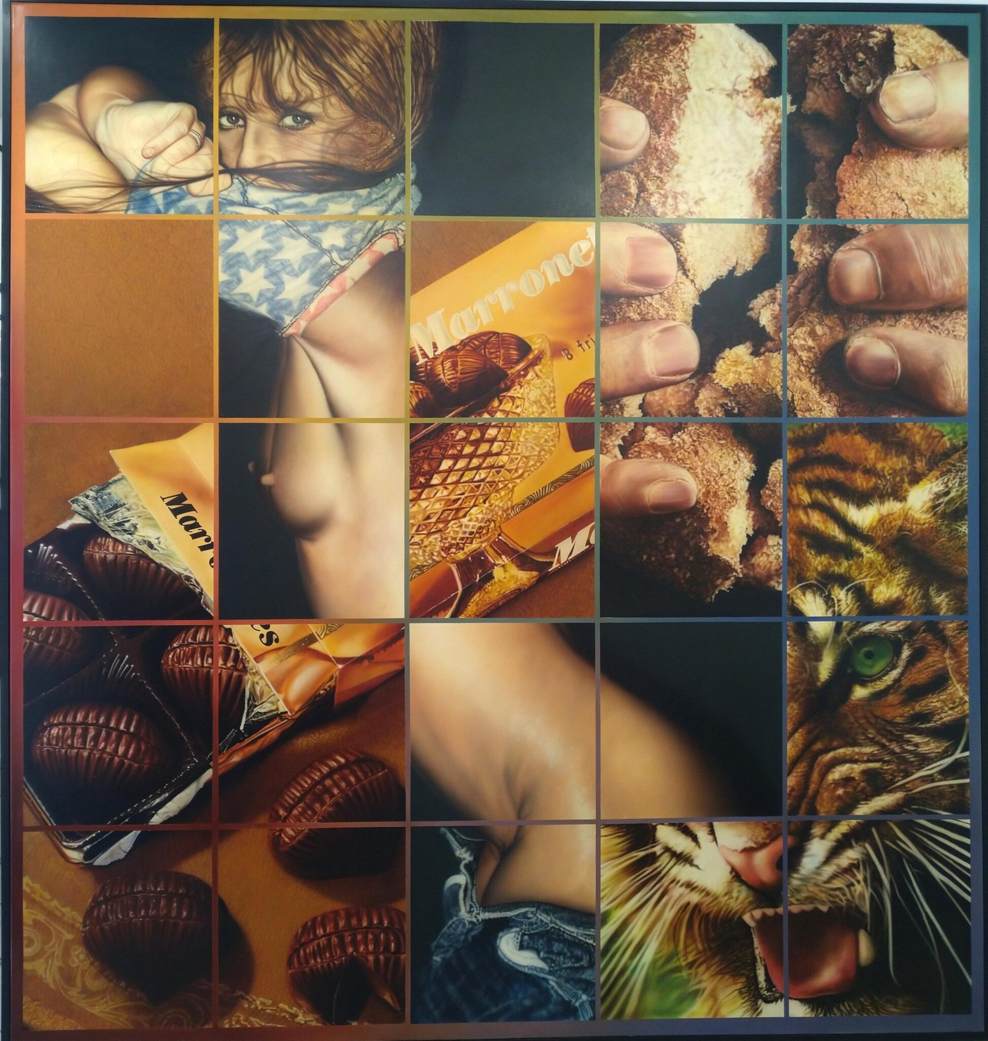 HOFFNUNG / HOPE  &ndash;  GMT Galerie Marc Triebold 2026 - A.R. Penck, Alberto Giacometti, Alexander Archipenko, Andy Warhol, Anna & Wolfgang Kubach-Wilmsen, August Macke, Benno Oertli, Bernd Zimmer, Bruno Ceccobelli, Elisabetta Brodaska, Emile-Othon Friesz, Erich Heckel, Ernst Ludwig Kirchner, Fernand L&eacute;ger, Franz Marc, Georg Baselitz, George Grosz, Georges Braque, Hans Erni, Hans Thuar, Hans van Reekum, Helmut Middendorf, Henri Matisse, James Rosenquist, Jan Wiegers, Joan Mir&oacute;, Joseph Beuys, Joseph Ebn&ouml;ter, J&uuml;rgen Brodwolf, Karl Horst H&ouml;dicke, Katsushika Hokusai, Livia und Michael Kubach und Kropp, Marc Chagall, Mario Merz, Martin Disler, Max Ernst, Pablo Picasso, Peter Phillips, Raymond Emile Waydelich, Richard Lindner, Richard Seewald, Salvador Felipe Jacinto Dal&iacute; i Dom&egrave;nech, ab 1982 Marqu&eacute;s de Dal&iacute; de P&uacute;bol, Siegfried Anzinger, Utagawa (Ando) Hiroshige, Wilhelm Kuhnert, Wolf Vostell Estate of Peter Phillips, Marc Triebold, Mosaikbild 5 x 5, Supergirl, 1975. Oil on canvas. 200 x 200 x 3 cm.
Signed and dated on the verso of the canvas as well as on the stretcher and titled on the stretcher.