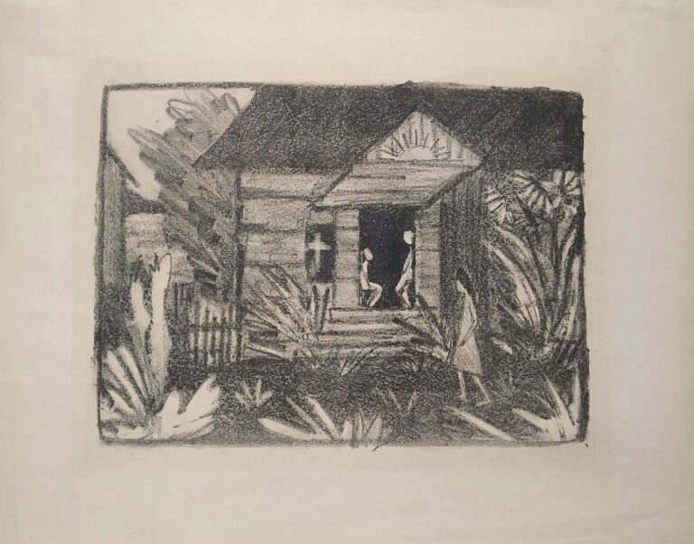 Otto Mueller Russisches Haus mit Sonnenblumen, 1921, Lithograph on chamois hand-made paper