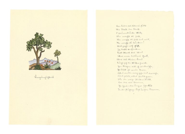 Vergänglichkeit (2 Blatt, je 28,5 x 19,5 cm). Dazu das handgeschriebene Gedicht mit 20 Zeilen - Hermann Hesse 