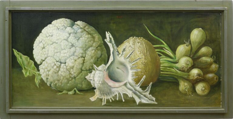 Stillleben mit Blumenkohl, Zwiebeln und Meerschnecke - Volker Stelzmann 