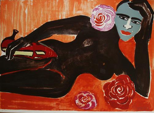 Maske (Liegender Akt mit Blumen) - Elvira Bach 