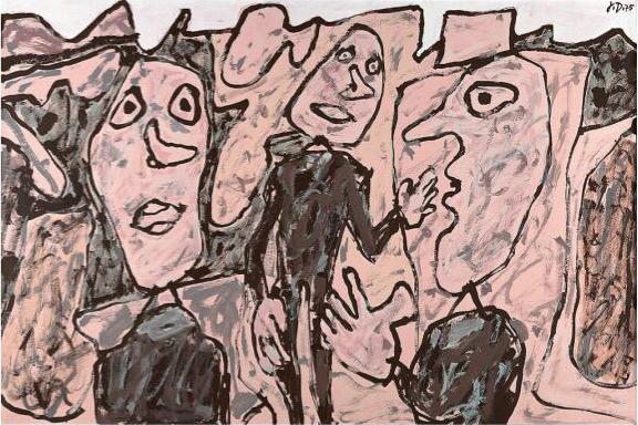 Paysage rose avec personnages vêtus de noir - Jean Dubuffet 