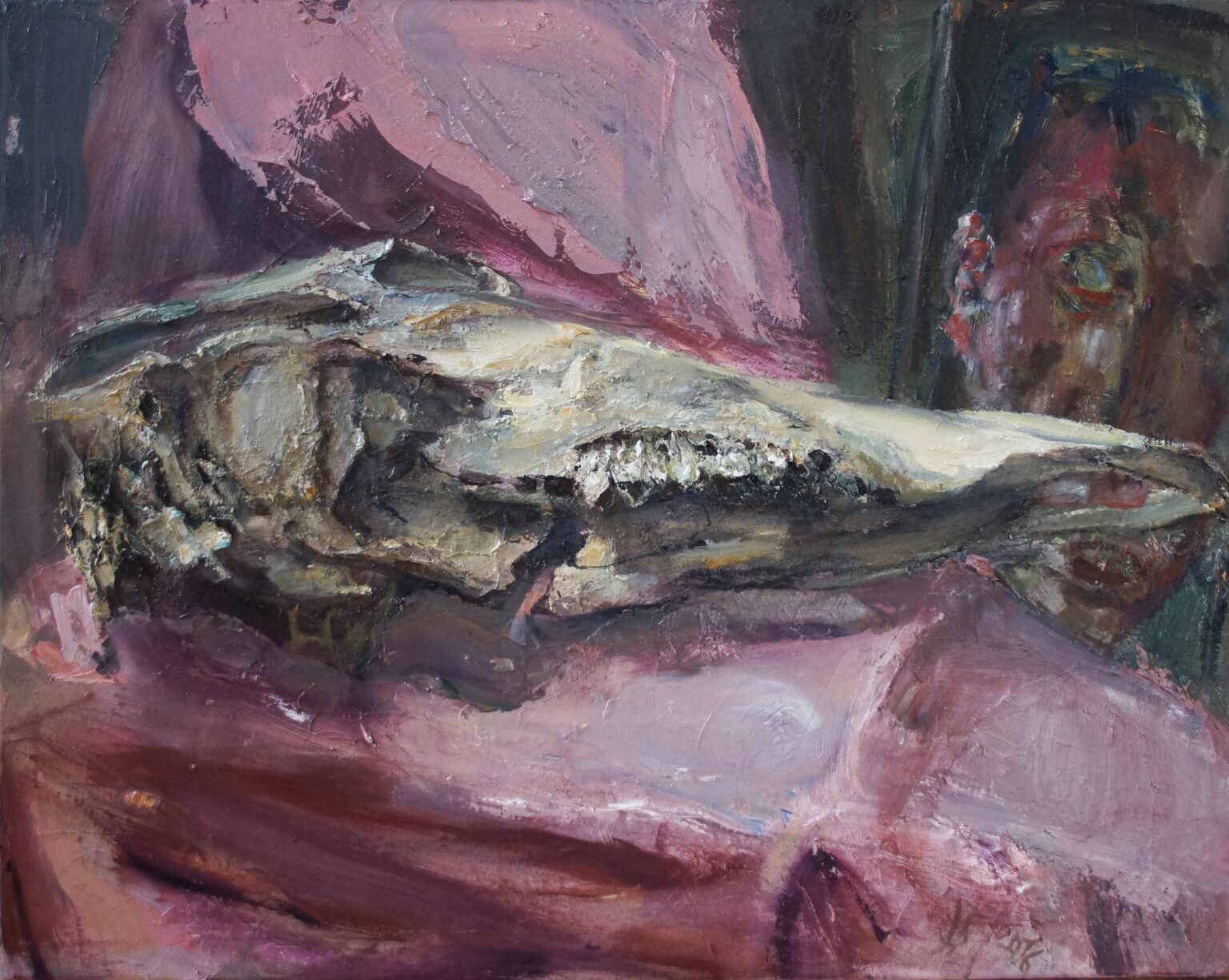 Halber Kuhsch&auml;del vor Selbstportr&auml;t (&uuml;bermalt, jetzt Memento Mori) - Johannes Heisig 