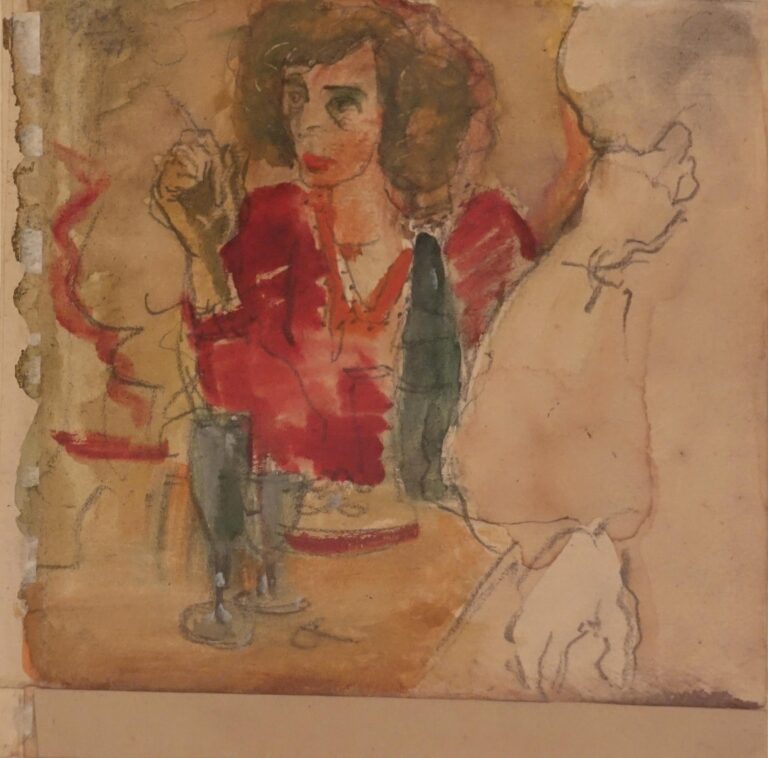 Ohne Titel (Frau mit roter Bluse am Tisch) - Hubertus Giebe 