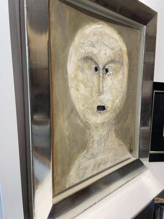 Weiße Skulptur in Öl mit offenen Mund und Augen - Richard Haizmann 